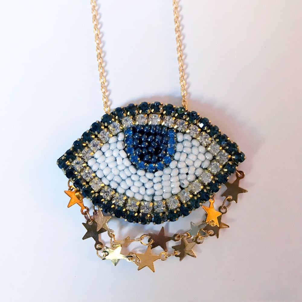 Evil Eye Hamsa Statement Necklace with Star Chain - Picture 5 of 5